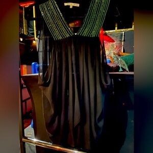 English Rose Black Top with Green Beaded Accents. Size Medium.